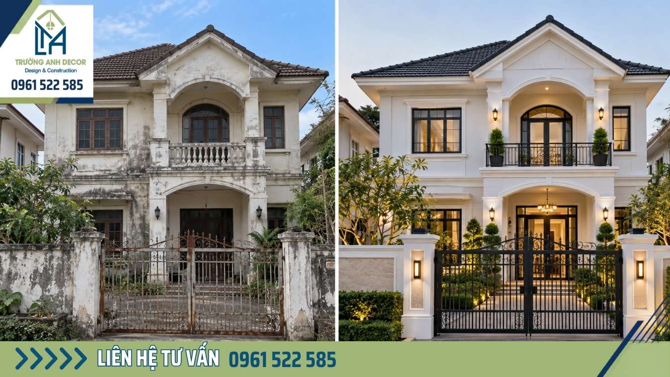 Biệt thự nhà vườn sau cải tạo với hiên rộng và sân vườn xanh