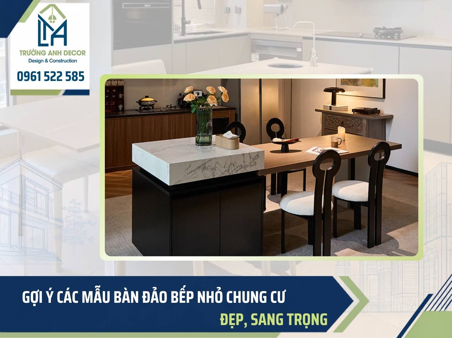 Bàn đảo bếp mini đặt song song tủ bếp chữ I trong căn hộ chung cư