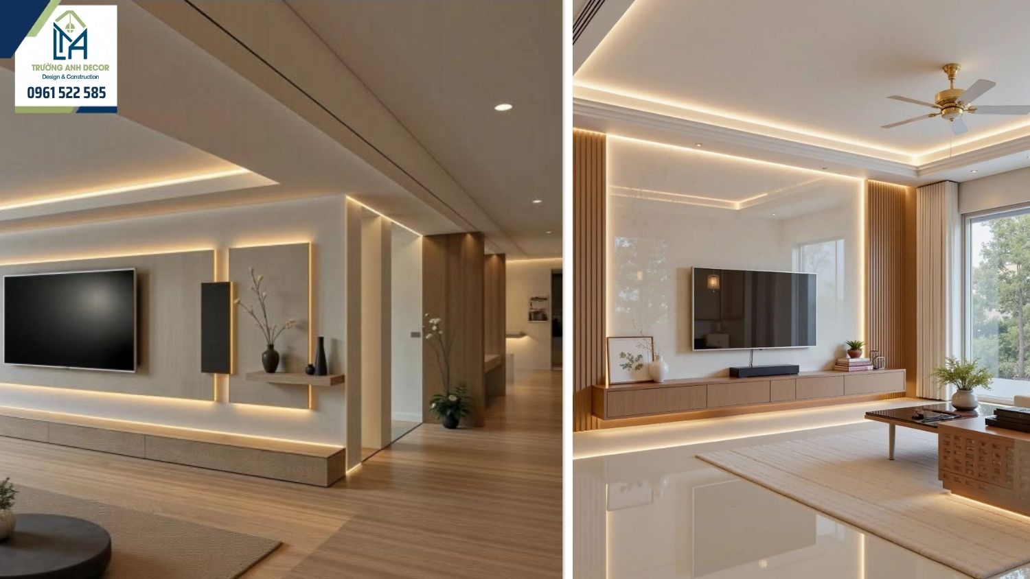 Phòng khách biệt thự phong cách hiện đại với tủ tivi kịch trần, đèn LED hắt và sofa xám
