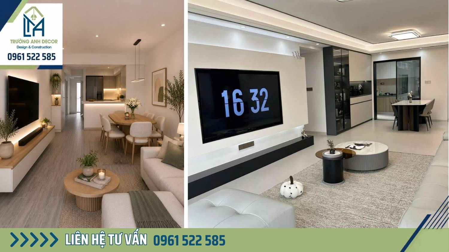 Phòng khách căn hộ duplex trần cao với cầu thang ốp gỗ, đèn thả và vách kính lớn