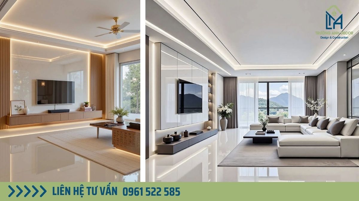 Thiết kế nội thất phòng khách hiện đại tông trung tính cho nhà phố