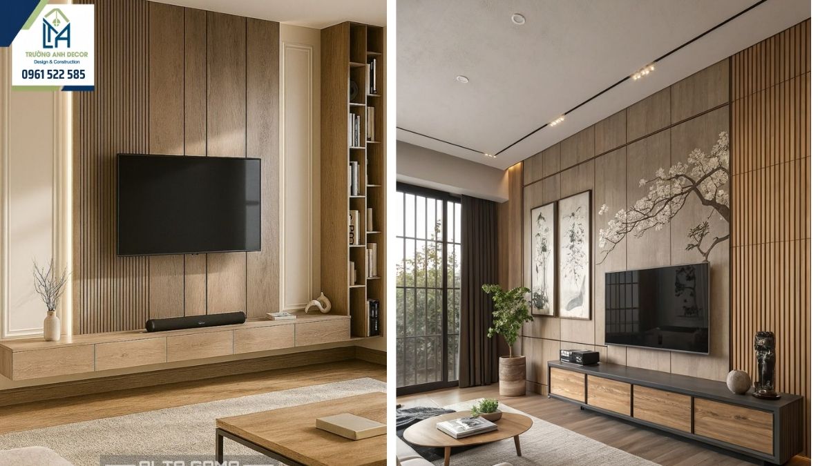 Phòng ngủ căn hộ phong cách Japandi với giường thấp gỗ sồi, vách nan gỗ và đèn giấy