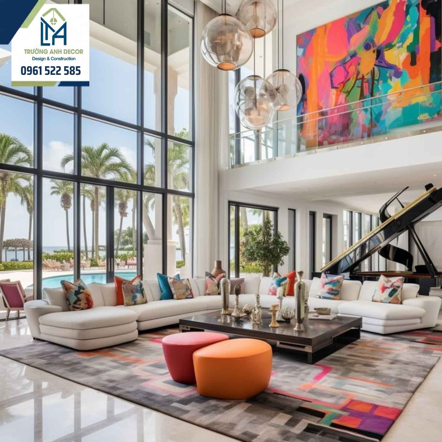 Phòng giải trí biệt thự phong cách Pop Art với tường màu đậm, tranh đồ họa và ghế màu tương phản