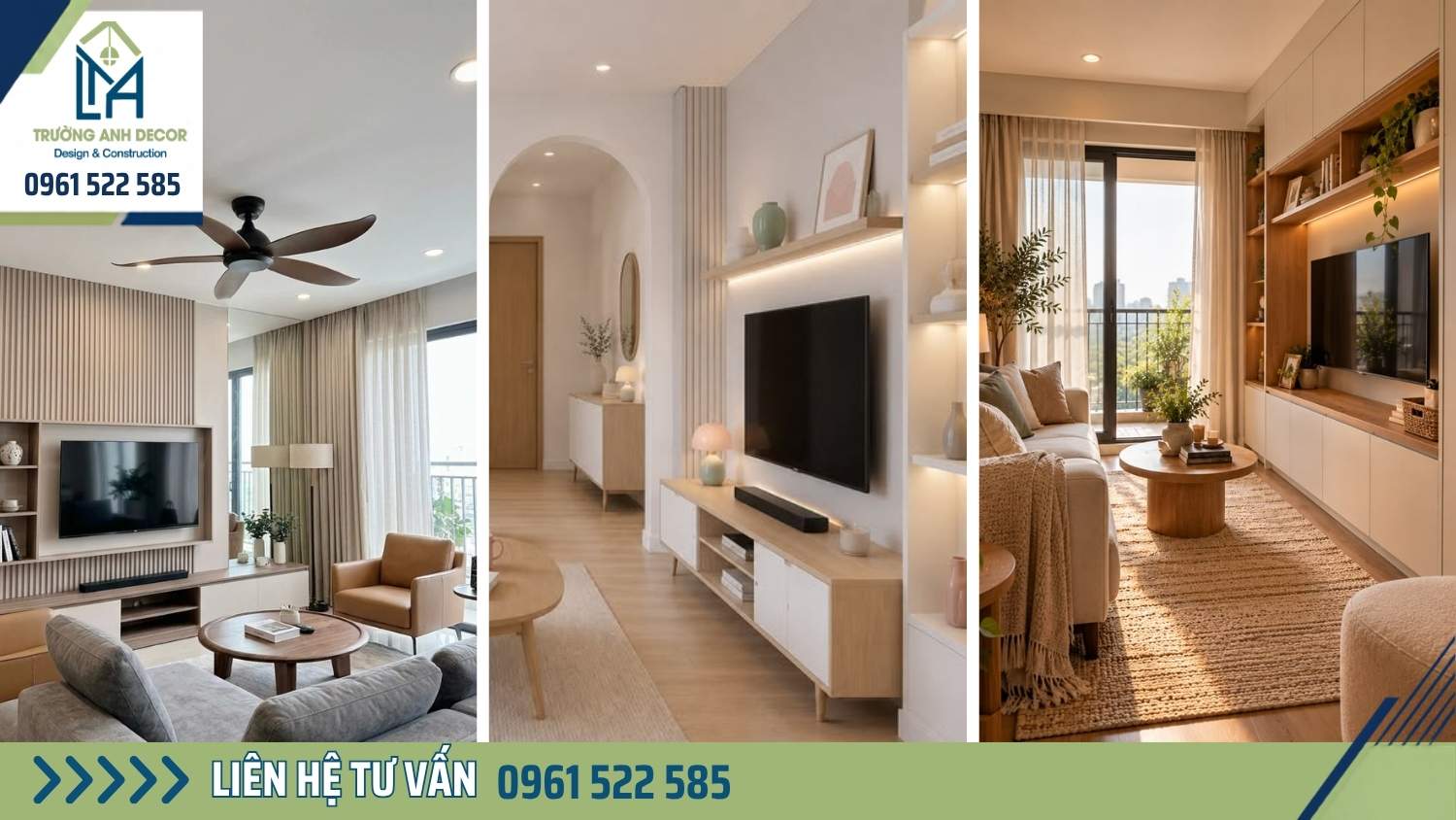 Phòng khách căn hộ chung cư tại Đồng Nai với kệ tivi treo tường, sofa tông be và rèm voan lấy sáng