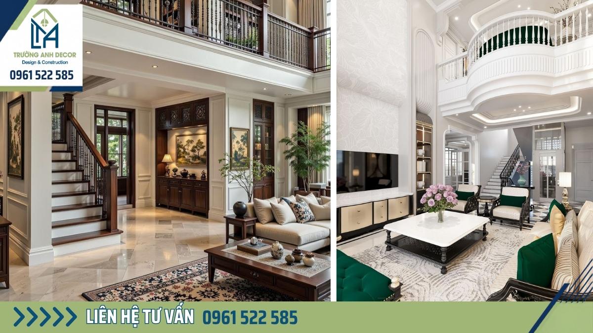 Phòng khách biệt thự tại Bình Dương với trần cao, sofa tông trung tính và cửa kính lớn nhìn ra sân vườn