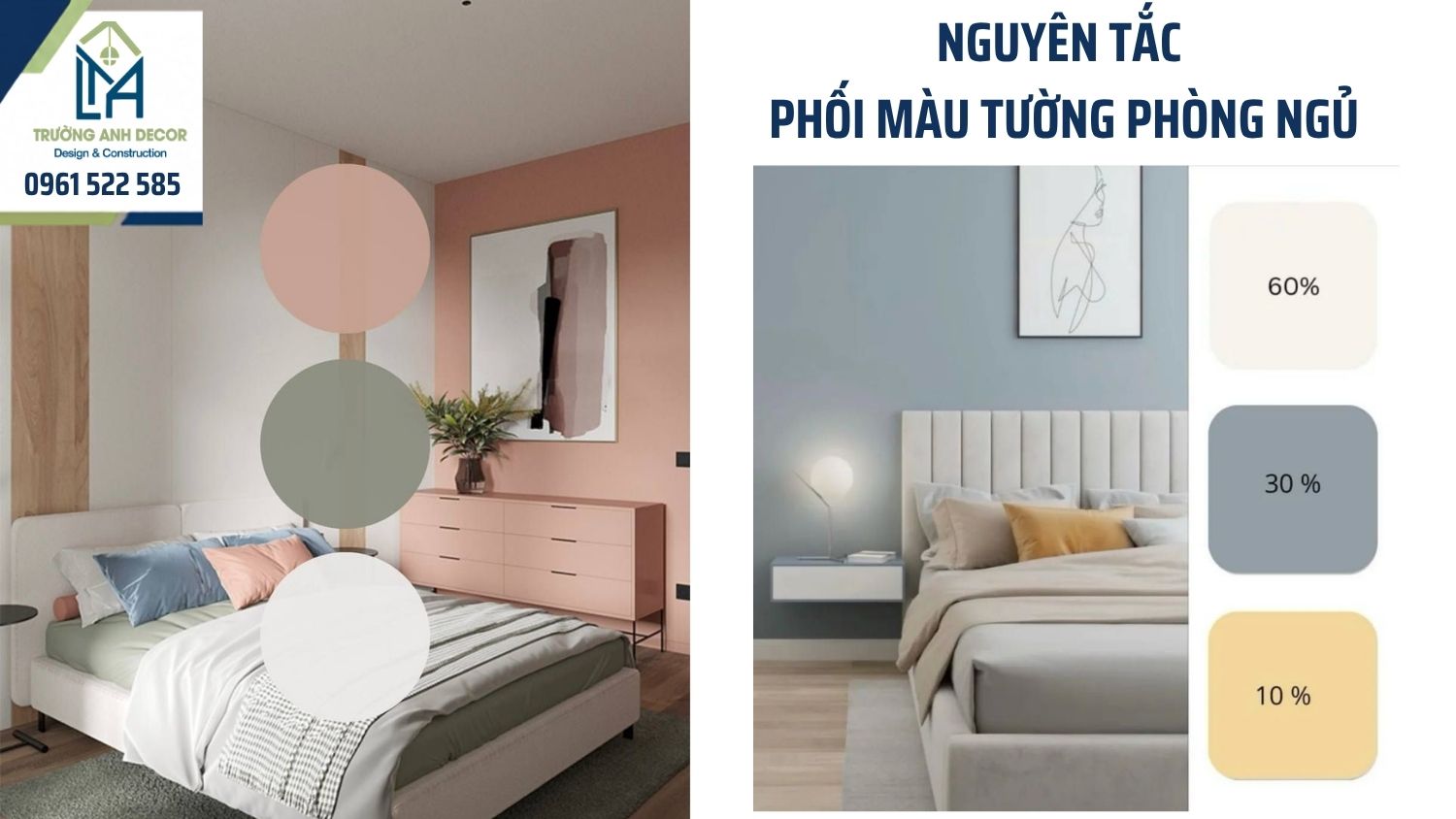 quy tắc 60-30-10 phối màu tường phòng ngủ