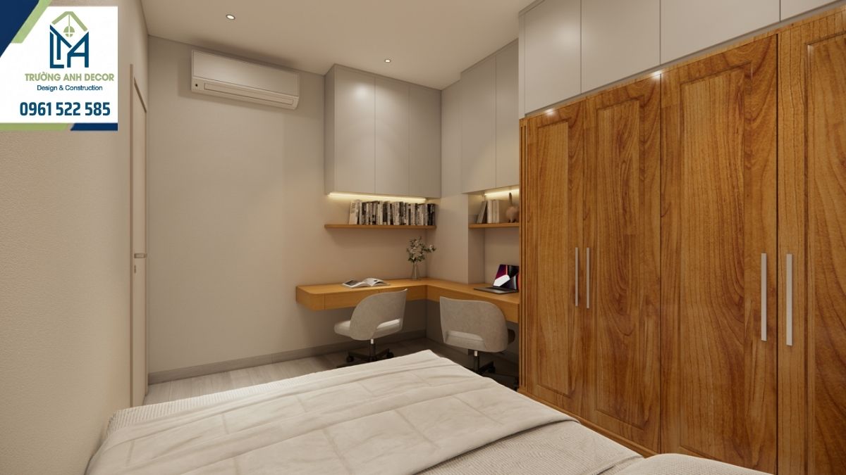 Thiết kế phòng ngủ căn hộ cải tạo tại phường Vườn Lài tông kem gỗ sáng