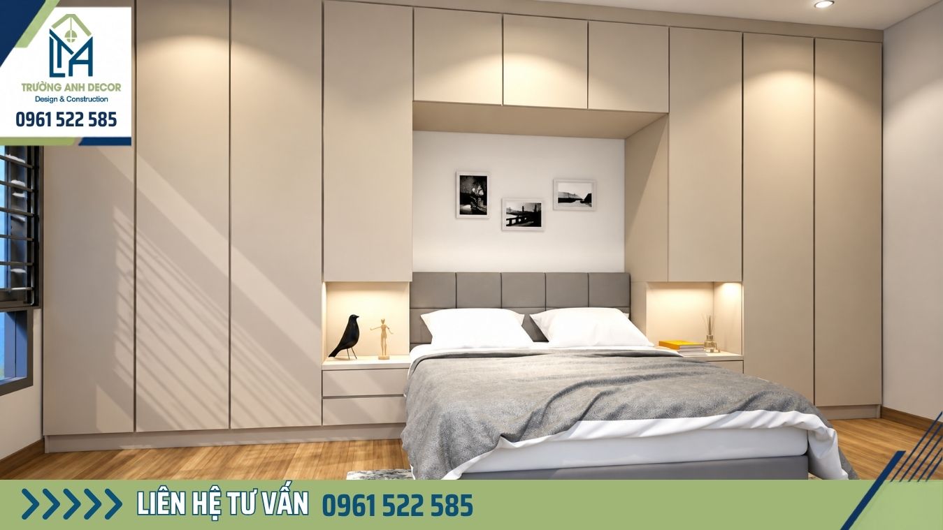 Tủ âm tường kịch trần cánh phẳng không tay nắm cùng màu tường phòng ngủ