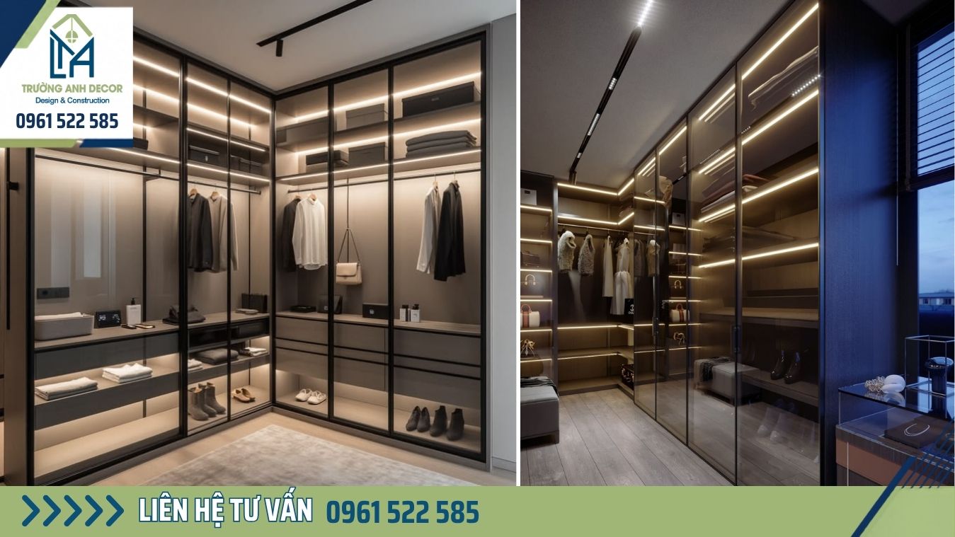 Tủ quần áo âm tường cánh kính màu trà có đèn LED bên trong