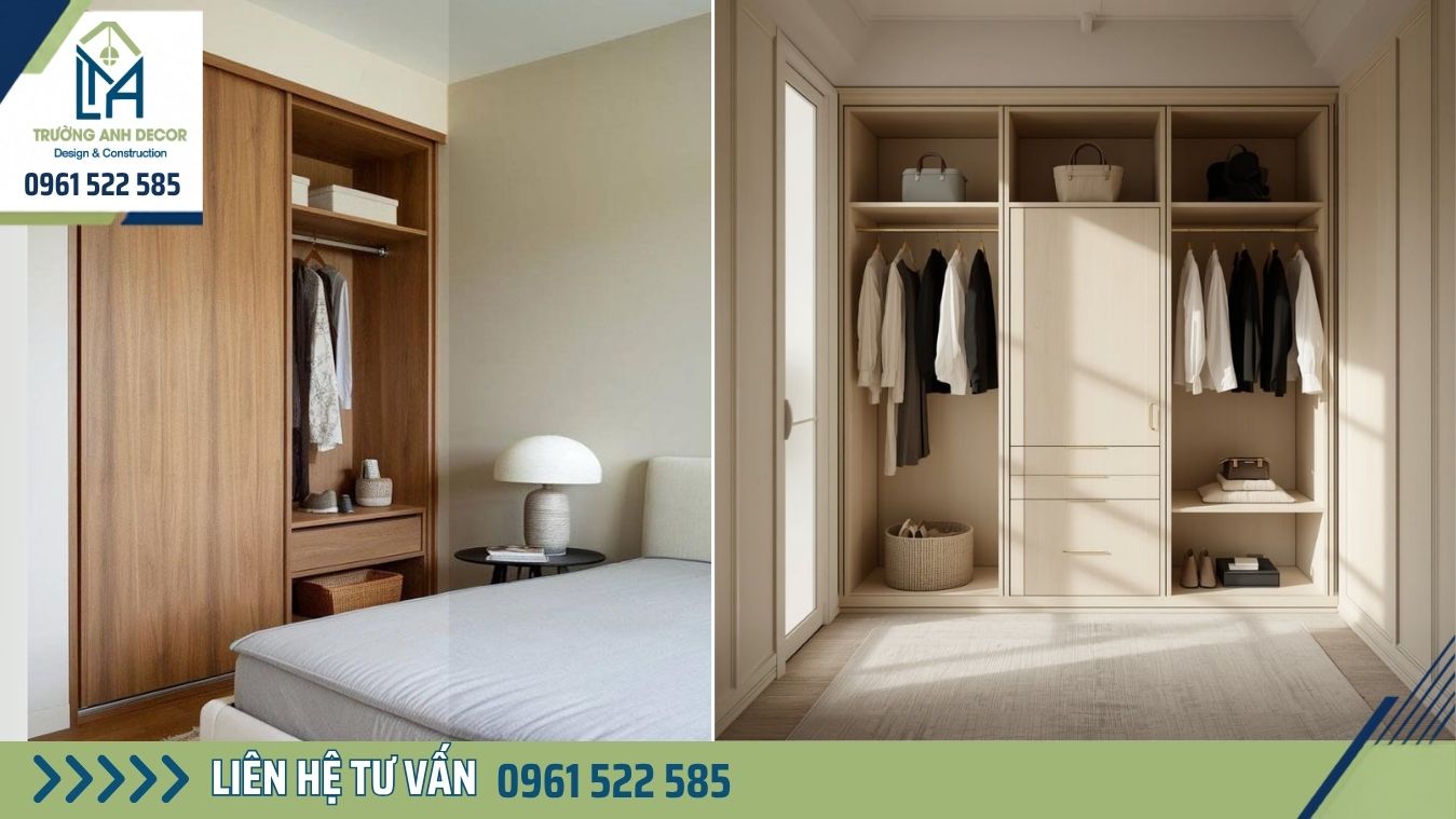 Tủ quần áo âm tường phòng ngủ kịch trần màu gỗ sáng