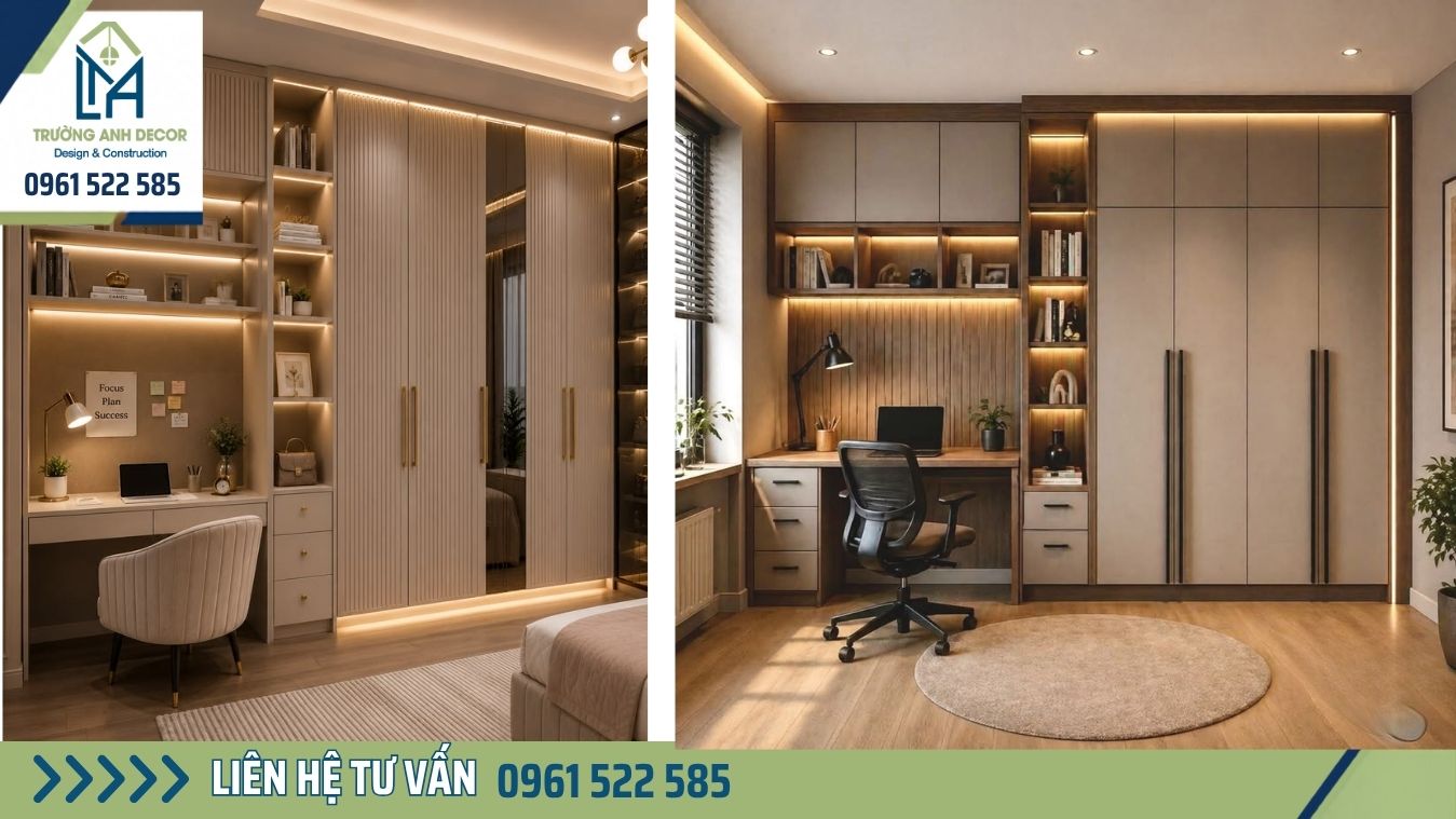 Tủ quần áo âm tường kết hợp bàn làm việc trong phòng ngủ