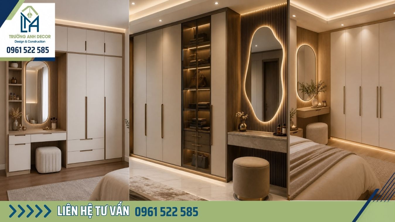 Tủ quần áo âm tường liền bàn trang điểm ở giữa hai khối tủ