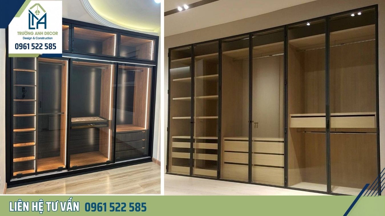 Tủ quần áo âm tường nhôm kính kết hợp bàn trang điểm và đèn LED