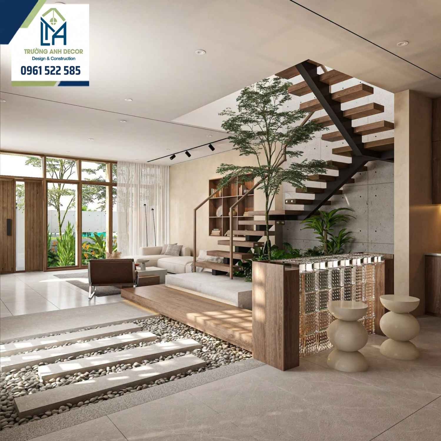 Phòng sinh hoạt biệt thự phong cách Eco với giếng trời, cây xanh và bàn ghế mây tre