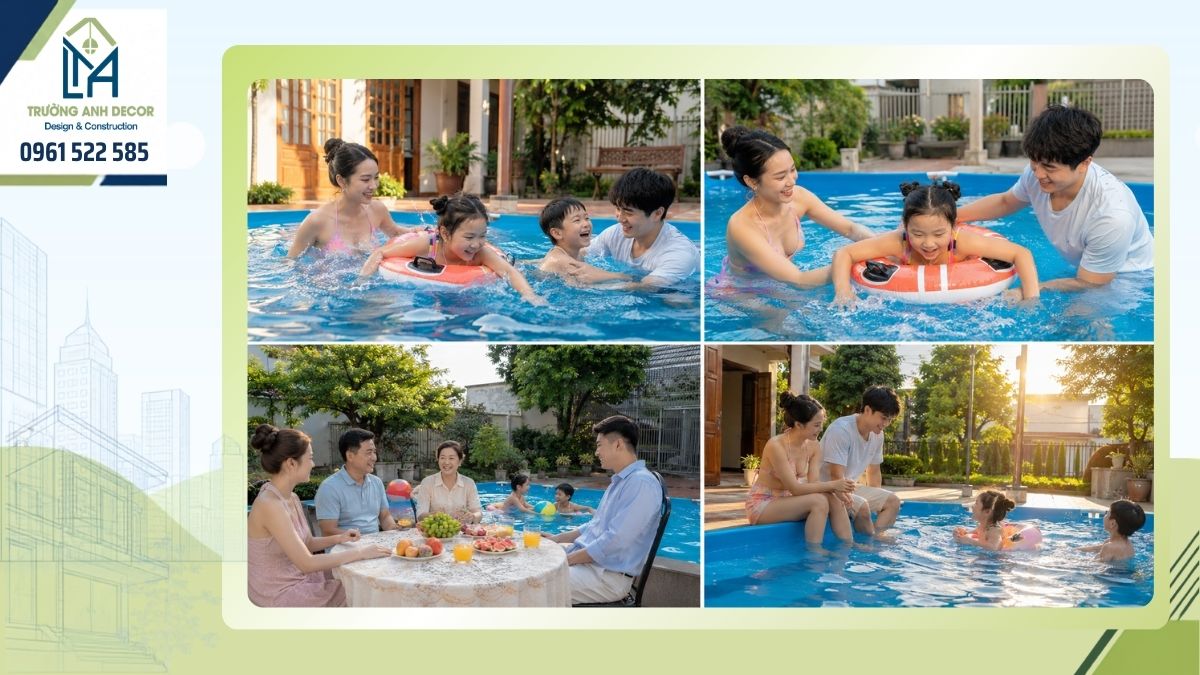 Thi công bể bơi gia đình ngoài trời trong khuôn viên biệt thự