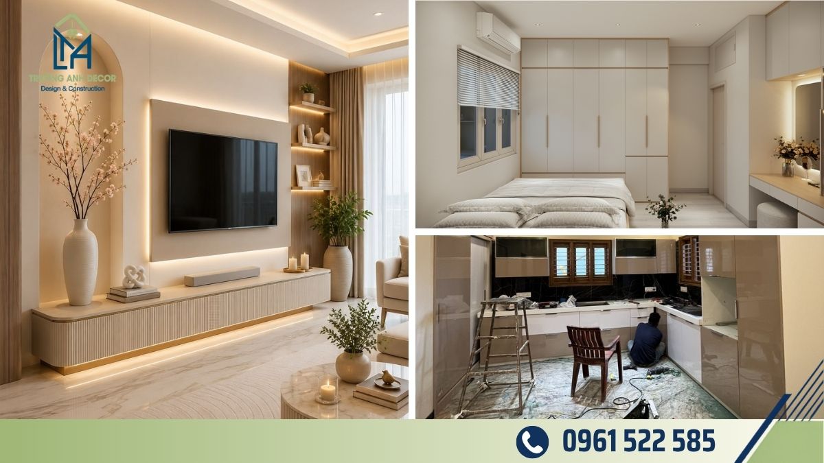 Xu hướng thiết kế nội thất 2026 tông kem be gỗ sáng khu vực Vườn Lài