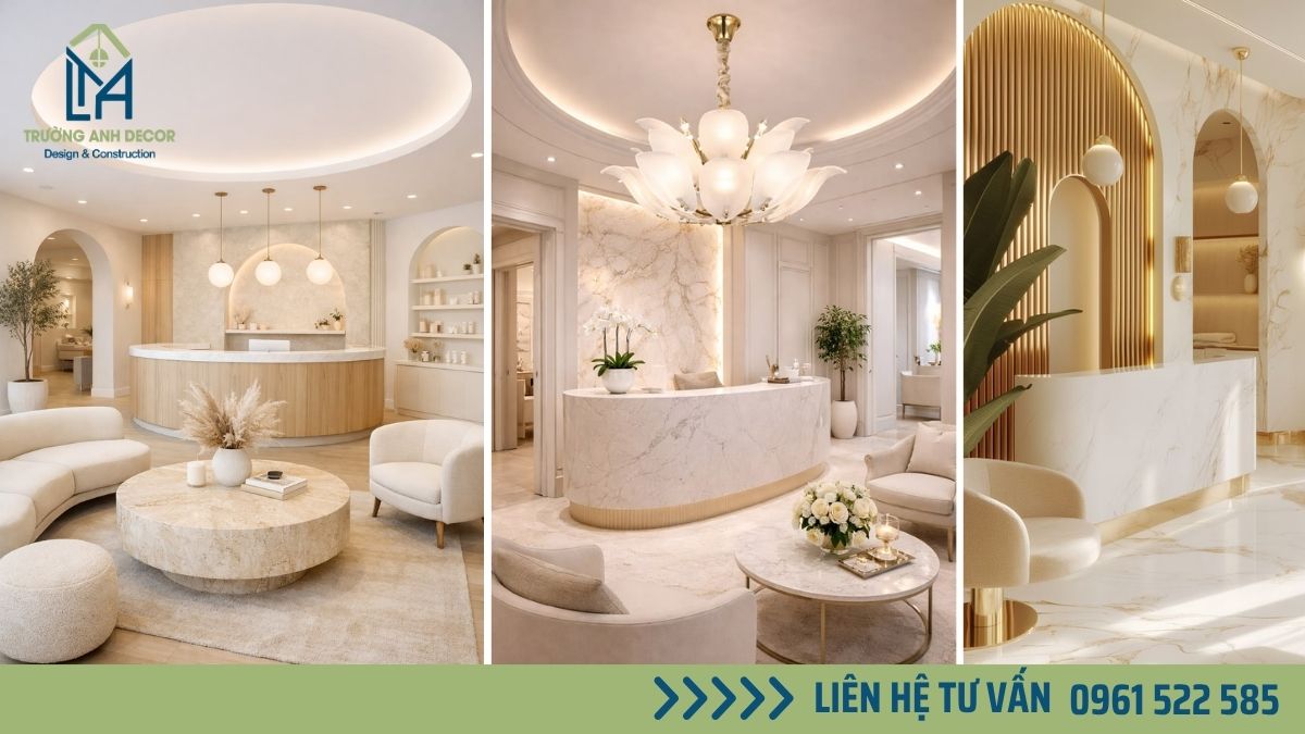 Quầy lễ tân thẩm mỹ viện tông trắng phối vàng đồng