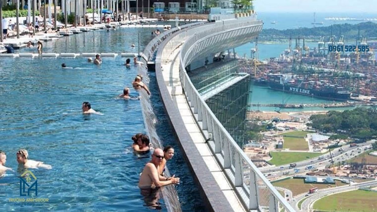 Sơ đồ cấu tạo mép tràn, máng thu và hồ cân bằng của bể bơi vô cực