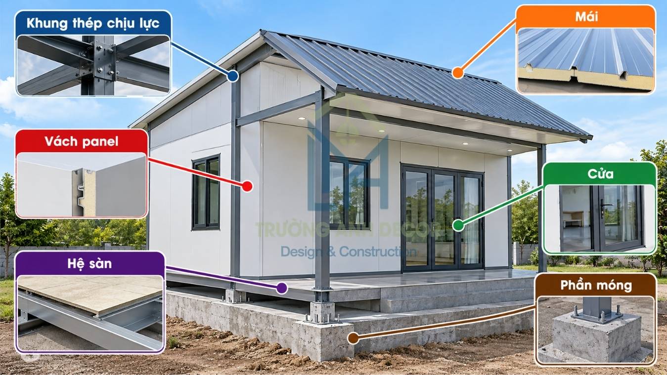Mặt cắt cấu tạo nhà lắp ghép bằng tấm panel gồm móng bê tông, khung thép, sàn, vách panel và mái cách nhiệt