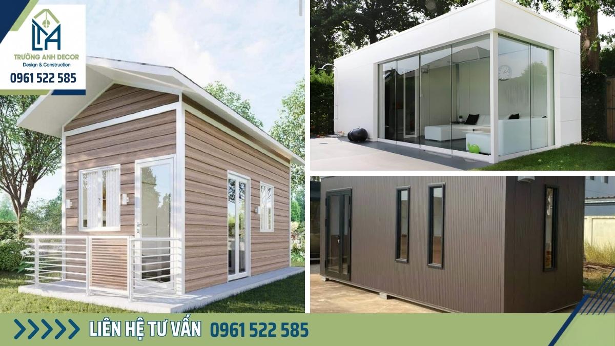 Nhà lắp ghép bằng tấm panel một tầng màu trắng, mái tôn cách nhiệt, cửa kính và hiên trước trên đất vườn